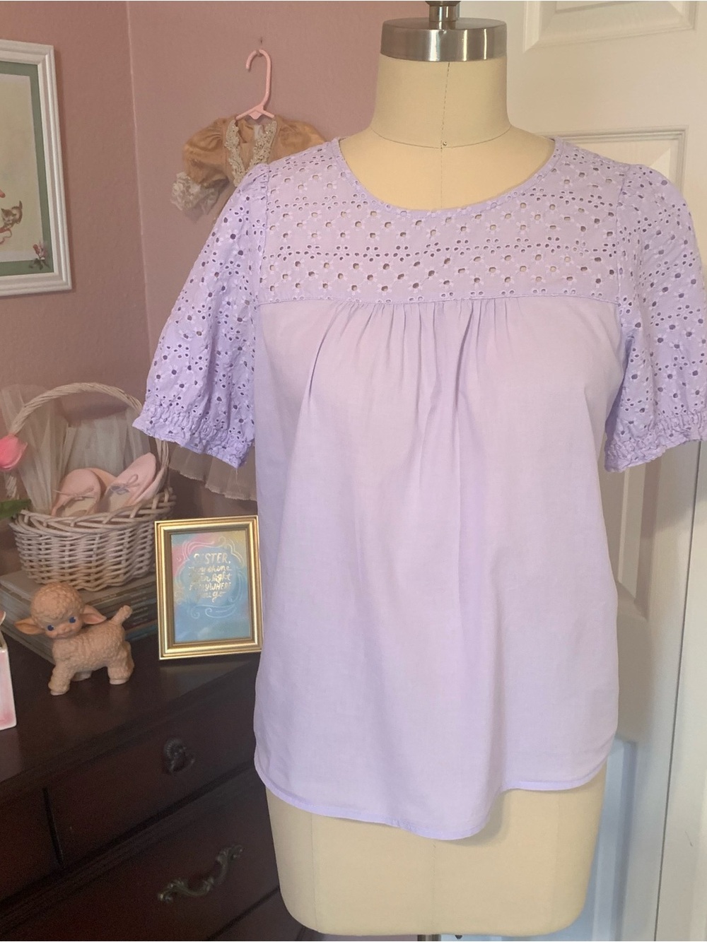 LOFT Lavender Eyelet Yoke Short Sleeve Top